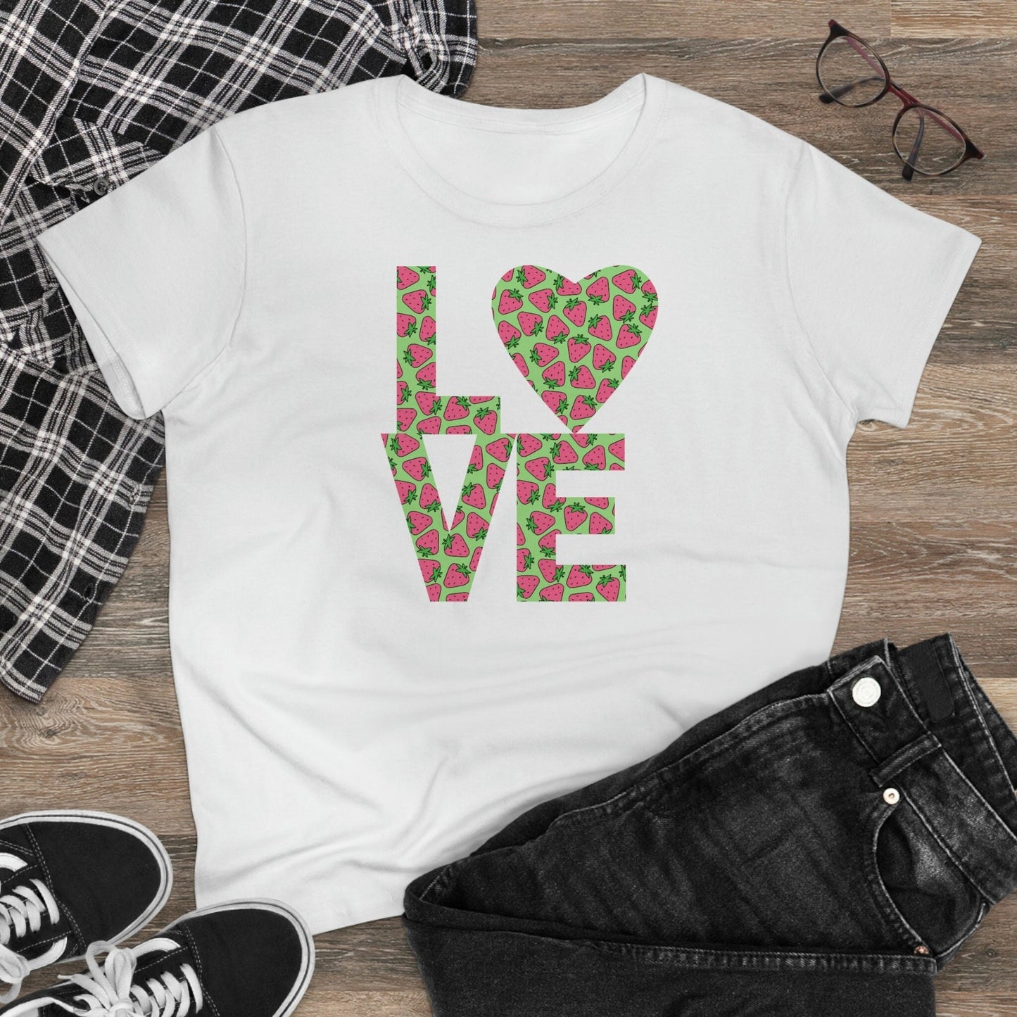 Strawberry Love Shirt for Women, Strawberries on Crewneck Tee Shirt, Summer Garden Top, Colorful Clothing for Women Perfect Gift for Her