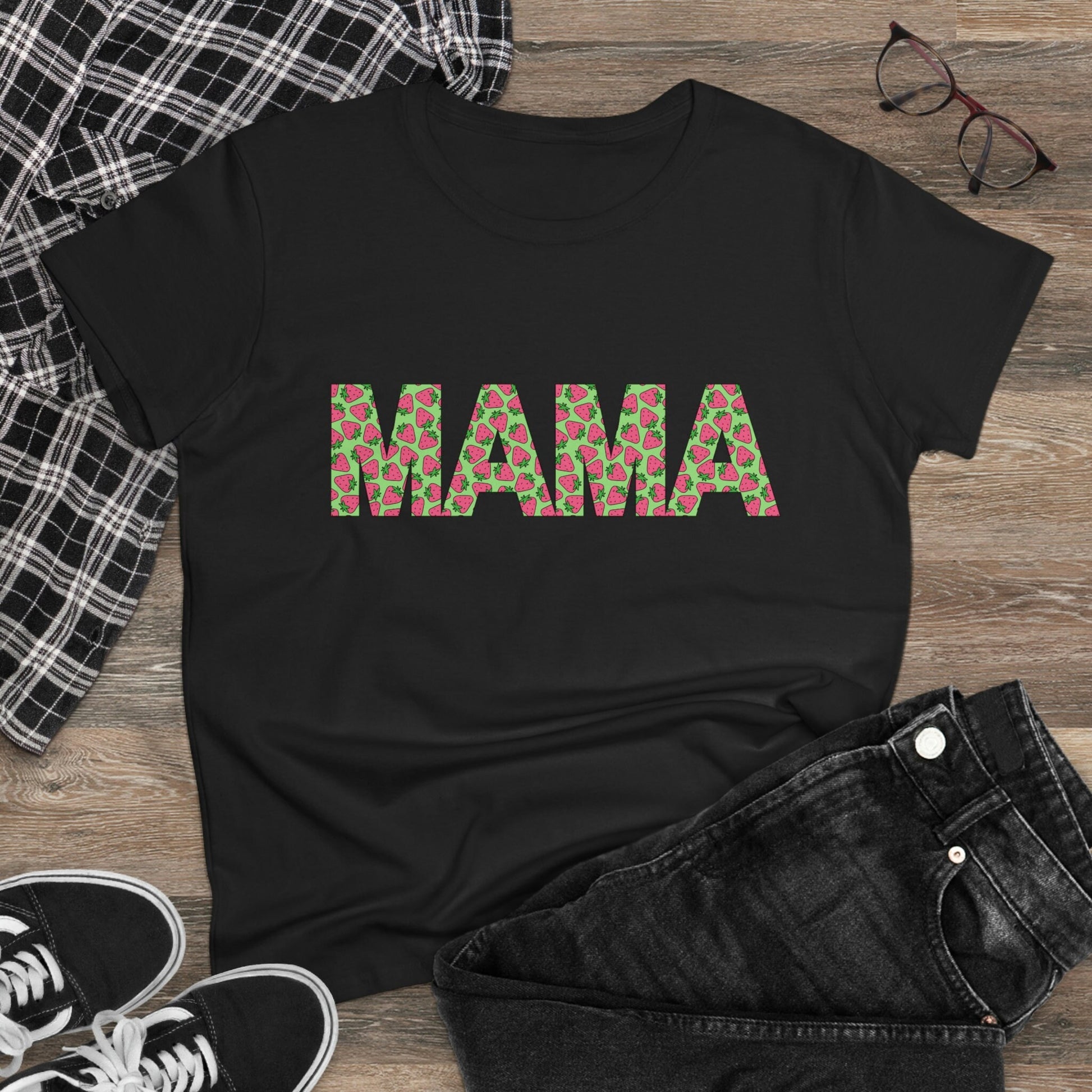 Mama Strawberry Shirt for Women, Strawberries on Crewneck Tee Shirt, Summer Garden Top for Mom, Colorful Clothing for Women