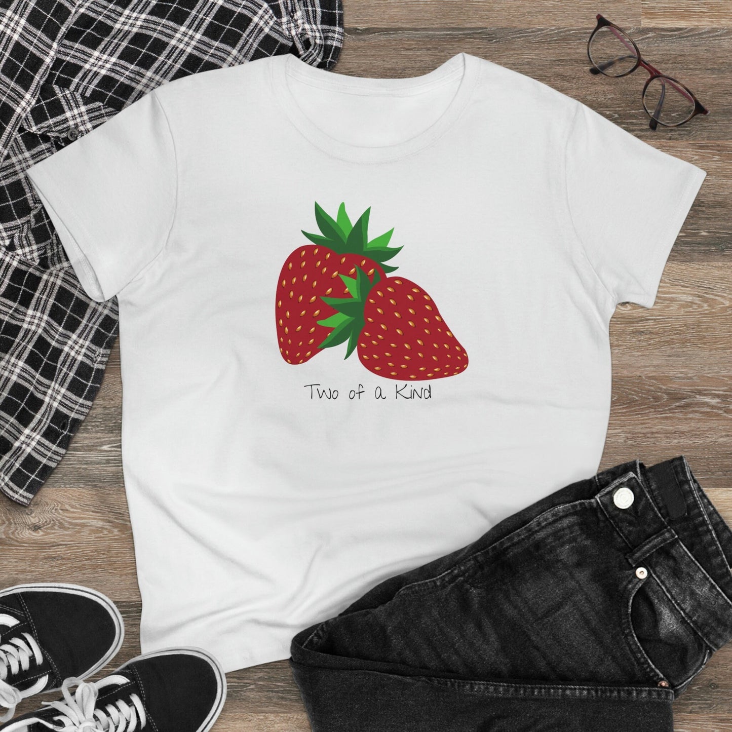 Two of a Kind Strawberry Shirt for Women, Strawberries on Crewneck Tee Shirt, Summer Garden Top, Colorful Clothing for Women