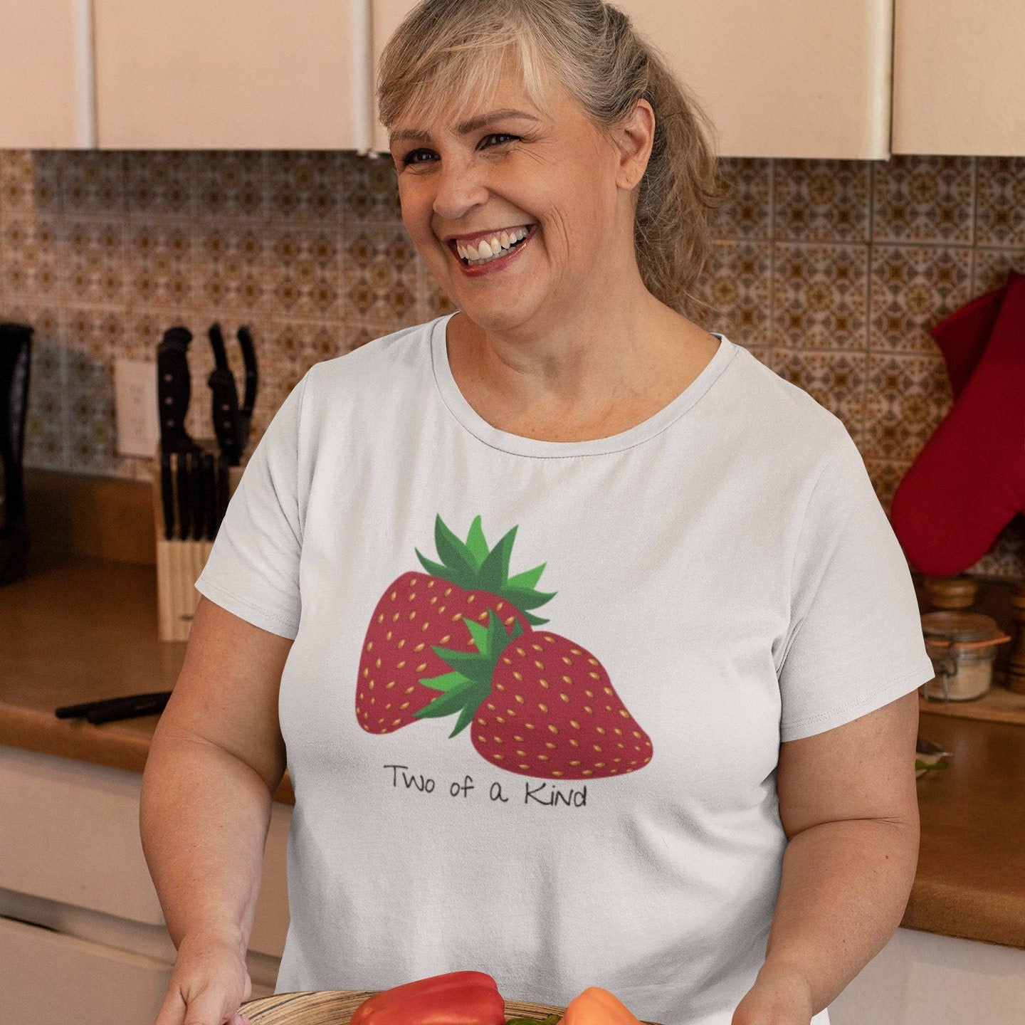 Two of a Kind Strawberry Shirt for Women, Strawberries on Crewneck Tee Shirt, Summer Garden Top, Colorful Clothing for Women