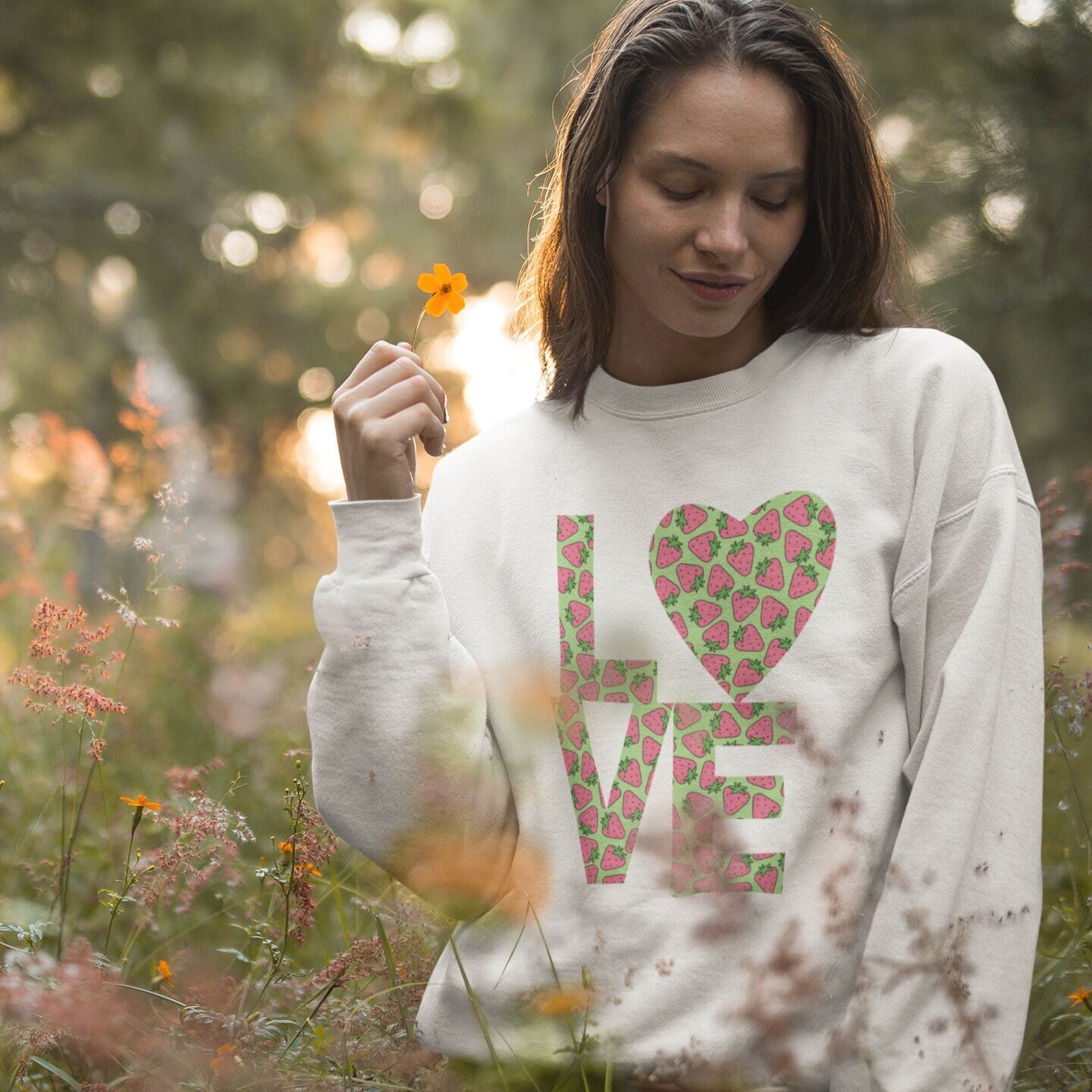 Bold Love Filled Strawberry Sweatshirt for Women, Colorful Strawberries on Crew Neck Tee Sweater, Summer Garden Pullover a Gift for Her