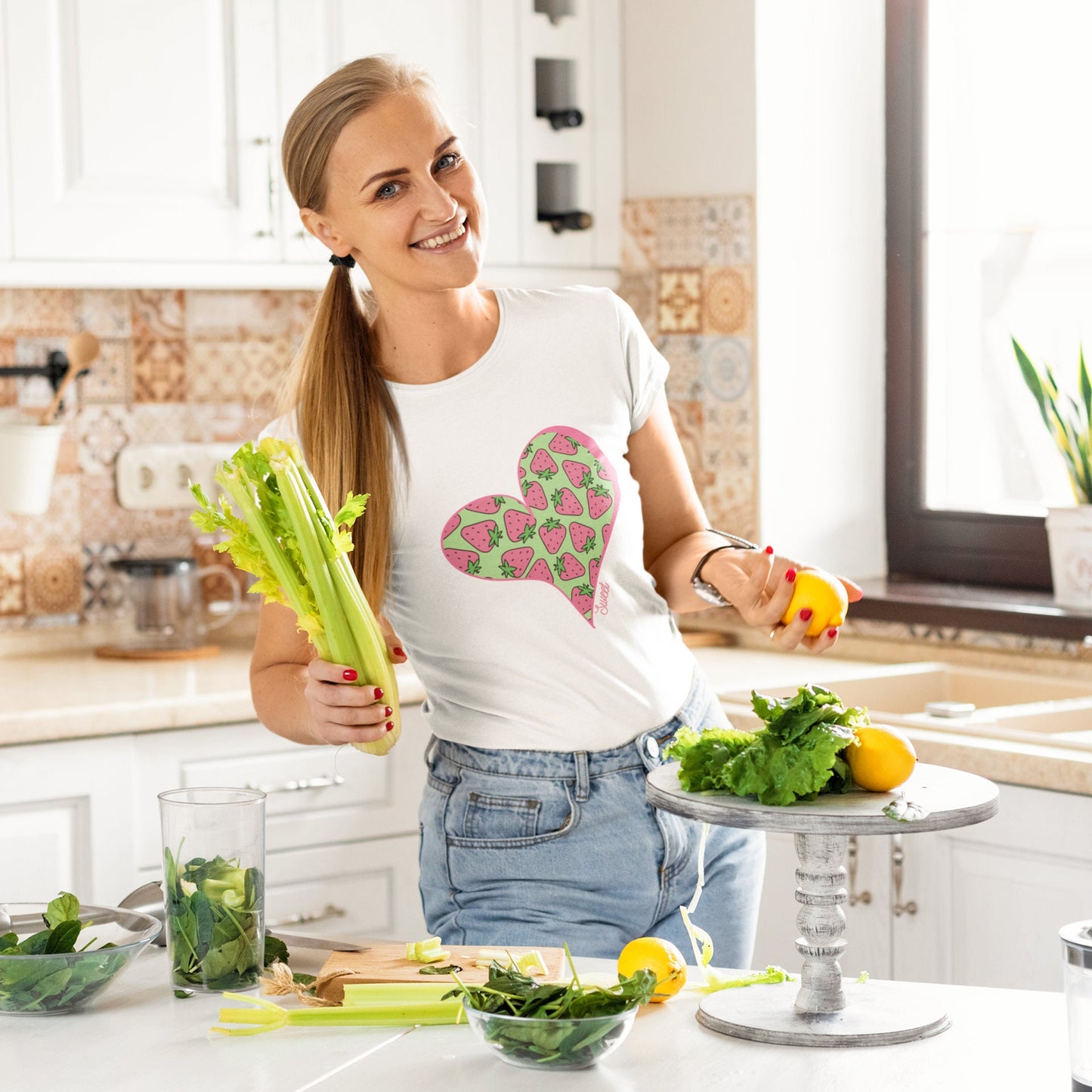 Strawberry Shirt for Women, Strawberries on Crew Neck Tee Shirt, Summer Garden Top, Clothing for Woman