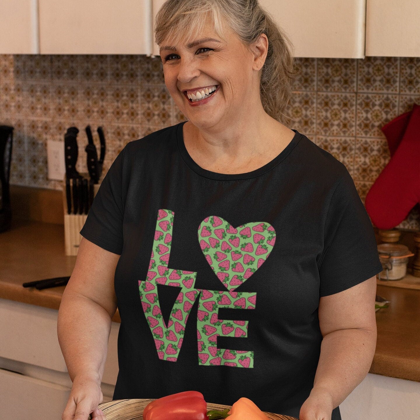Strawberry Love Shirt for Women, Strawberries on Crewneck Tee Shirt, Summer Garden Top, Colorful Clothing for Women Perfect Gift for Her