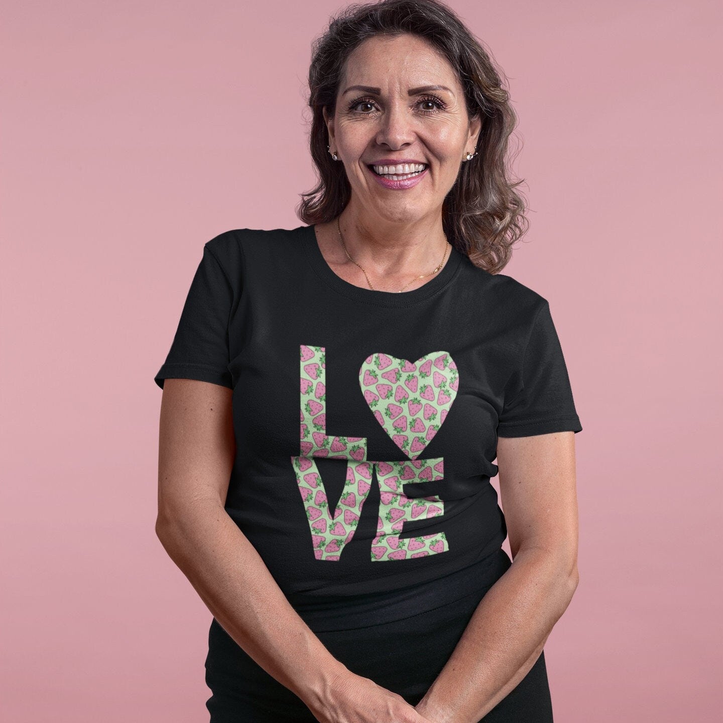 Strawberry Love Shirt for Women, Strawberries on Crewneck Tee Shirt, Summer Garden Top, Colorful Clothing for Women Perfect Gift for Her