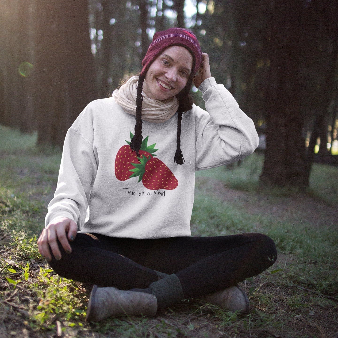 Two of a Kind Strawberry Sweatshirt for Women, Strawberries on Crewneck Sweater, Summer Garden Pullover, Colorful Clothing for Women