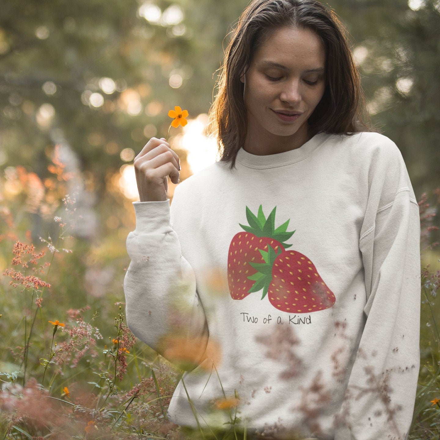 Two of a Kind Strawberry Sweatshirt for Women, Strawberries on Crewneck Sweater, Summer Garden Pullover, Colorful Clothing for Women