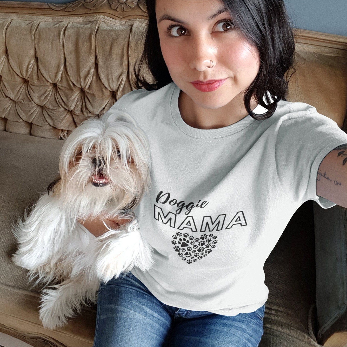 Cozy Doggie Mama Tee Shirt a Perfect Gift for Dog Moms! Dog Mom Crewneck TShirt, Paw Print Gift for Dog Mom