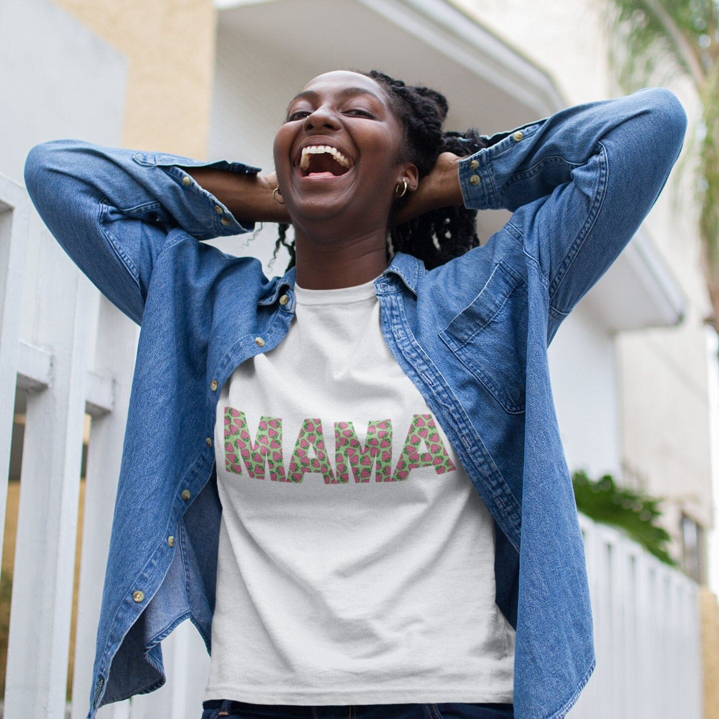 Mama Strawberry Shirt for Women, Strawberries on Crewneck Tee Shirt, Summer Garden Top for Mom, Colorful Clothing for Women