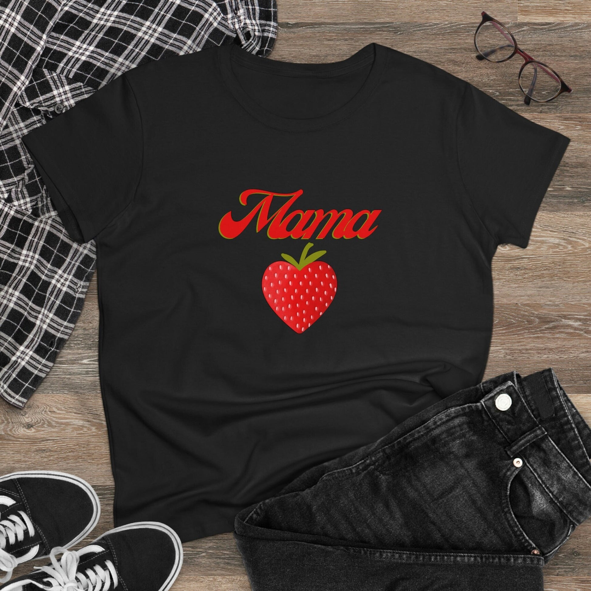 Fun Mama Strawberry Shirt for Women, Strawberries on Crewneck Tee Shirt, Summer Garden Top for Mom, Colorful Clothing for Women