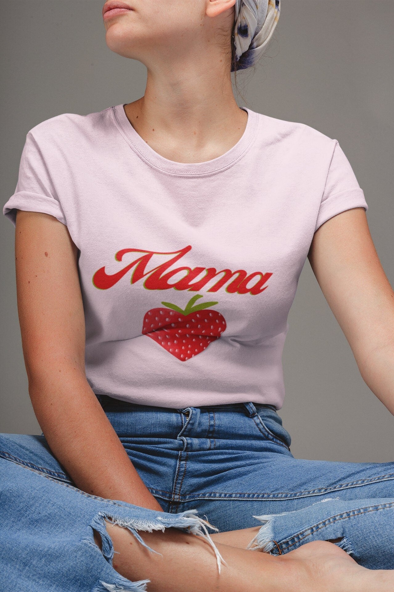 Fun Mama Strawberry Shirt for Women, Strawberries on Crewneck Tee Shirt, Summer Garden Top for Mom, Colorful Clothing for Women