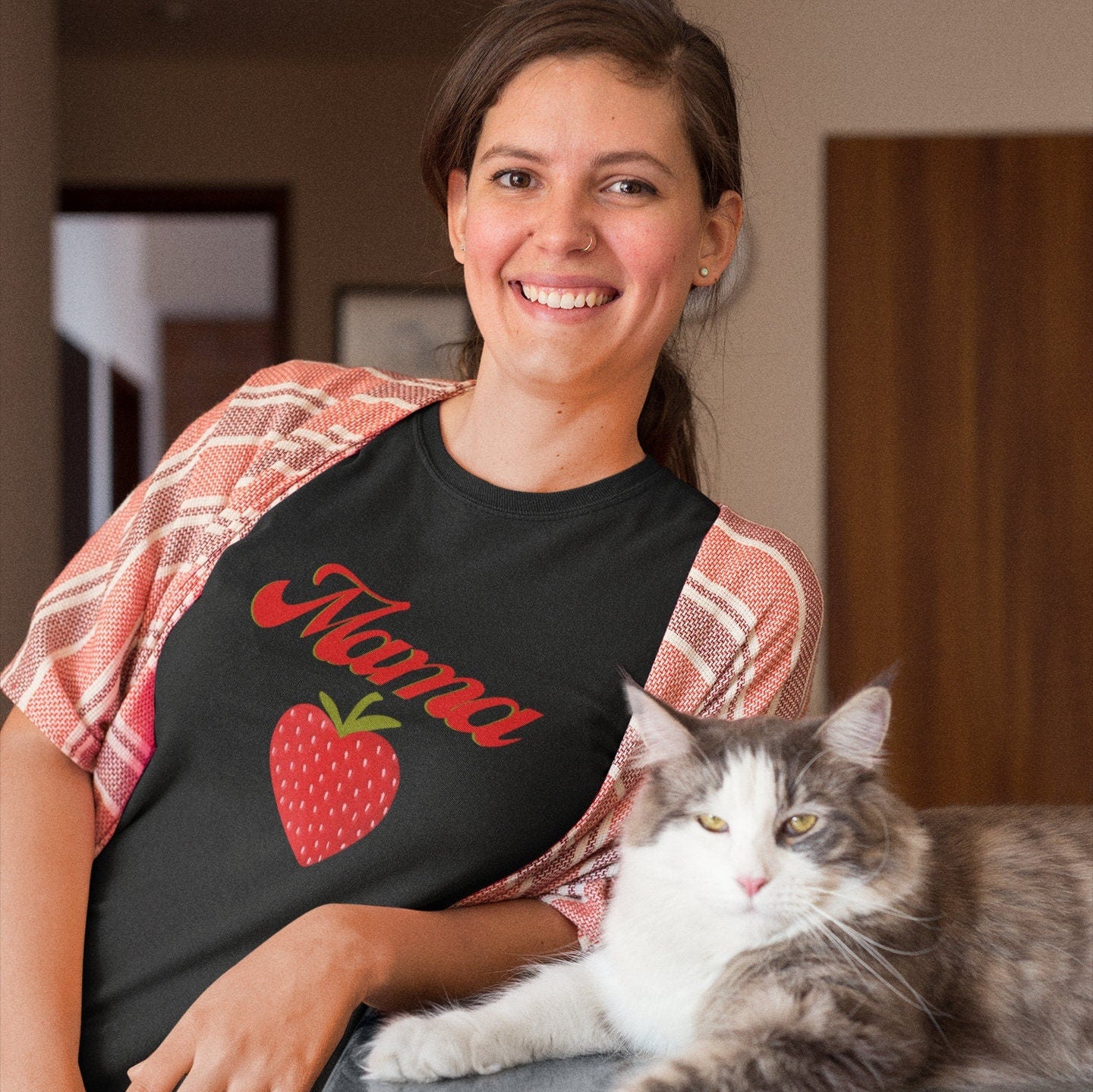 Fun Mama Strawberry Shirt for Women, Strawberries on Crewneck Tee Shirt, Summer Garden Top for Mom, Colorful Clothing for Women