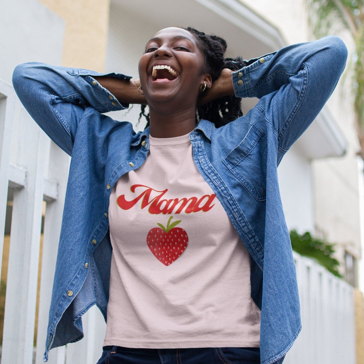 Fun Mama Strawberry Shirt for Women, Strawberries on Crewneck Tee Shirt, Summer Garden Top for Mom, Colorful Clothing for Women