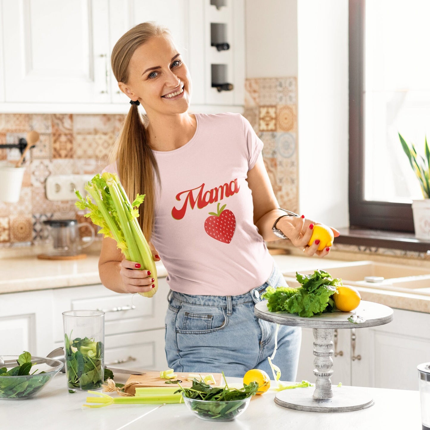 Fun Mama Strawberry Shirt for Women, Strawberries on Crewneck Tee Shirt, Summer Garden Top for Mom, Colorful Clothing for Women