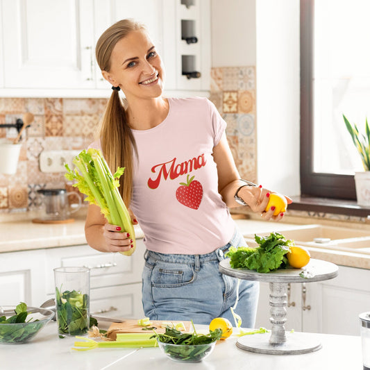 Fun Mama Strawberry Shirt for Women, Strawberries on Crewneck Tee Shirt, Summer Garden Top for Mom, Colorful Clothing for Women