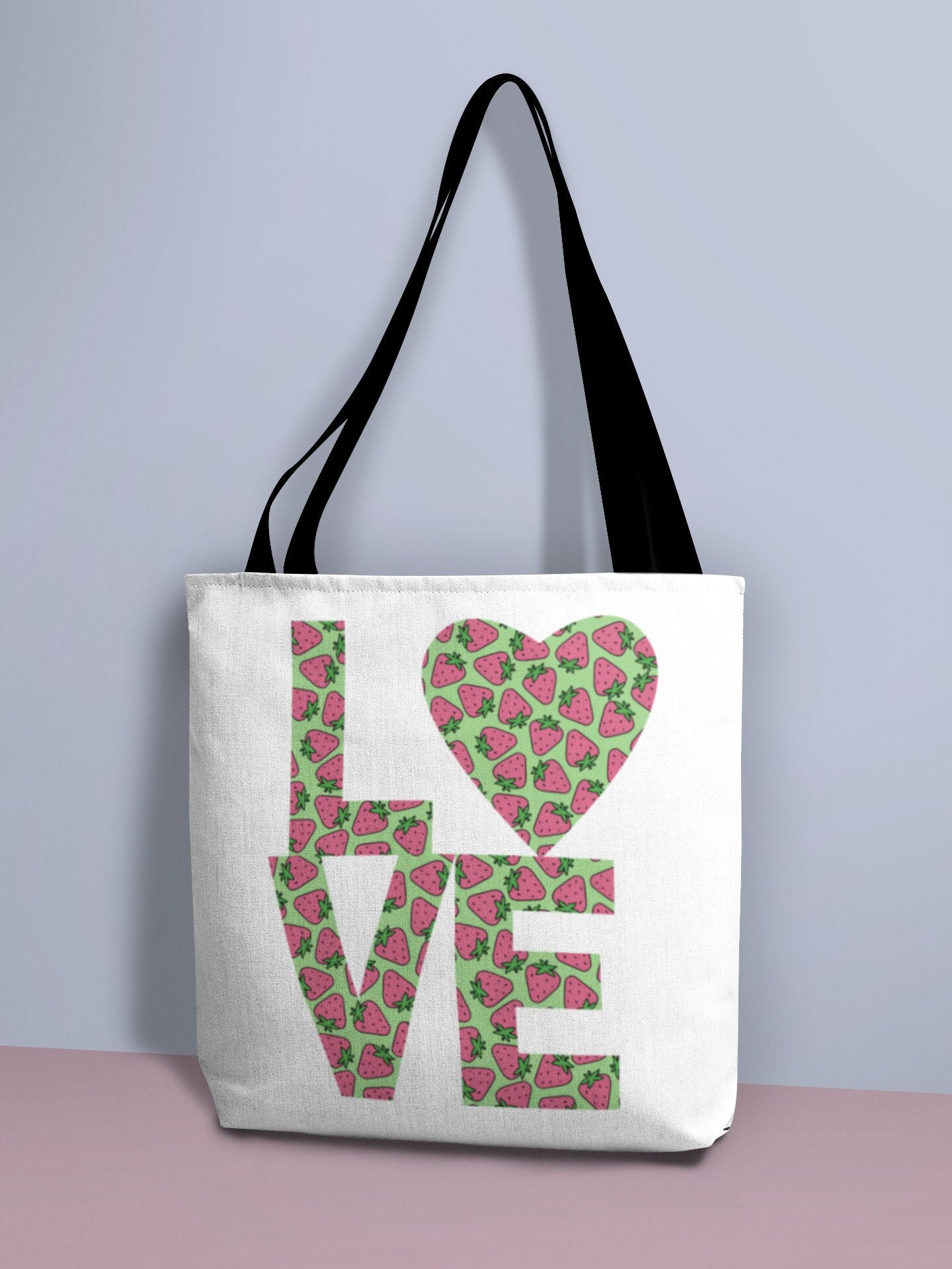 Strawberry Love Tote Bag - Cute and Fashionable Reusable Grocery Shopping and School Bag, Perfect gift for Moms, Dads, Teachers