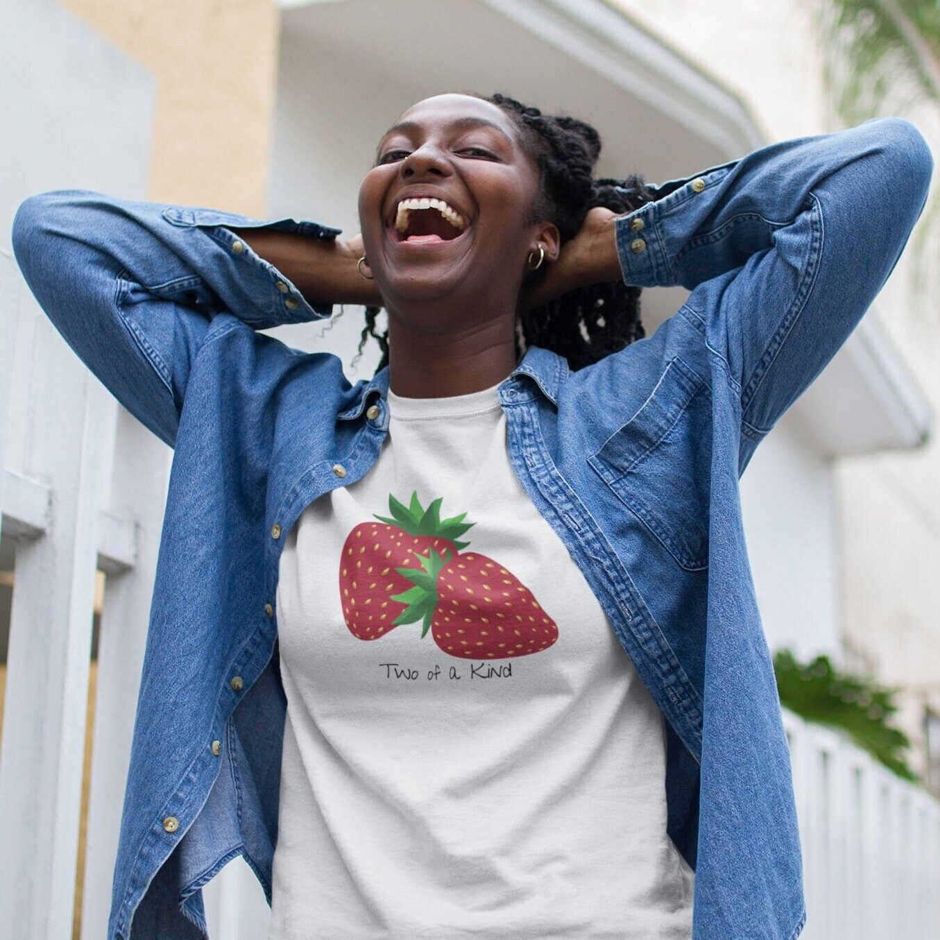 Two of a Kind Strawberry Shirt for Women, Strawberries on Crewneck Tee Shirt, Summer Garden Top, Colorful Clothing for Women