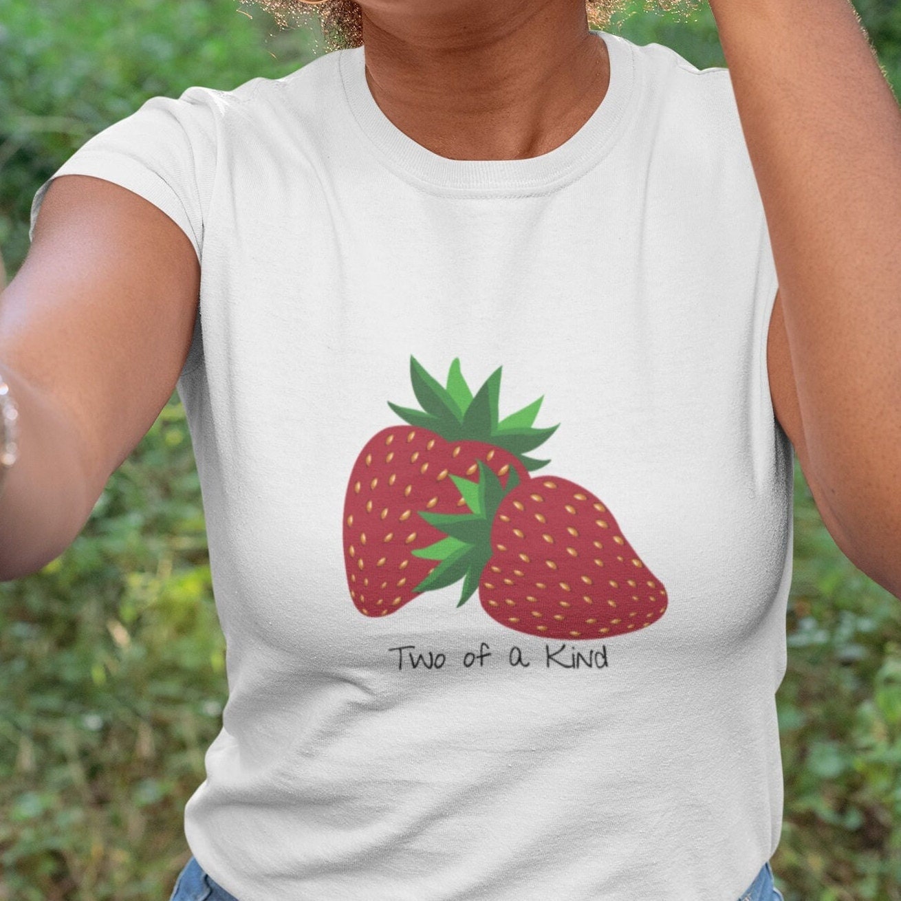 Two of a Kind Strawberry Shirt for Women, Strawberries on Crewneck Tee Shirt, Summer Garden Top, Colorful Clothing for Women