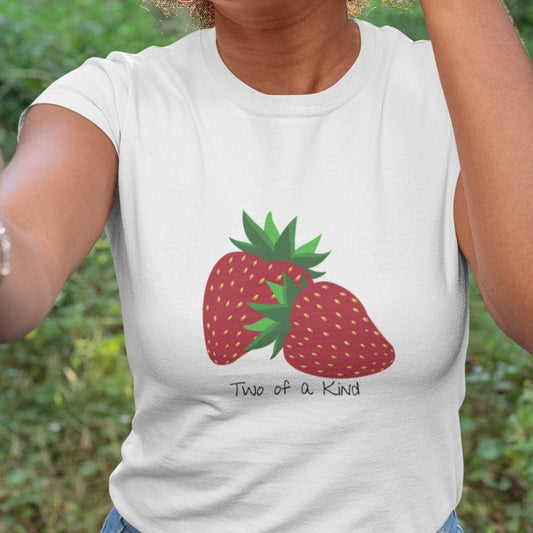 Two of a Kind Strawberry Shirt for Women, Strawberries on Crewneck Tee Shirt, Summer Garden Top, Colorful Clothing for Women