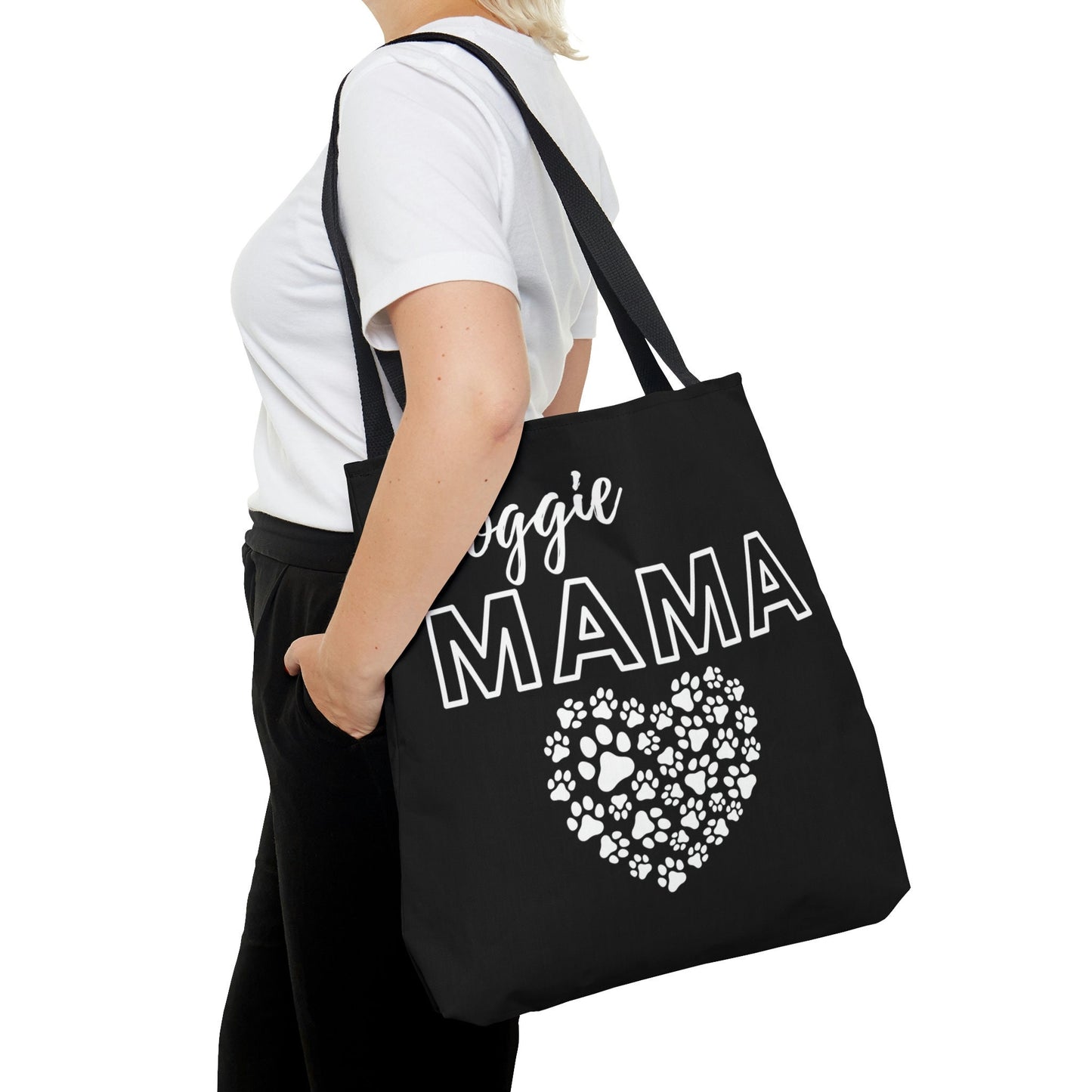 Doggie Mama Black Tote Bag - Cute and Fashionable Dog Mom Reusable Grocery Shopping and School Bag, Perfect gift for Moms, Dads, Pet Owners
