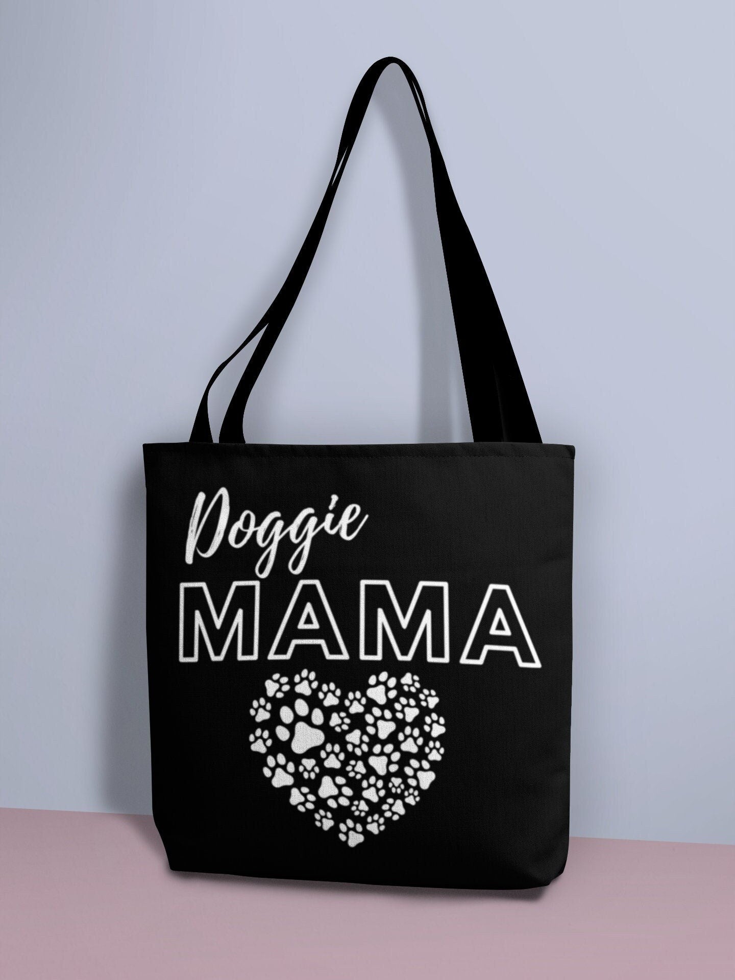 Doggie Mama Black Tote Bag - Cute and Fashionable Dog Mom Reusable Grocery Shopping and School Bag, Perfect gift for Moms, Dads, Pet Owners