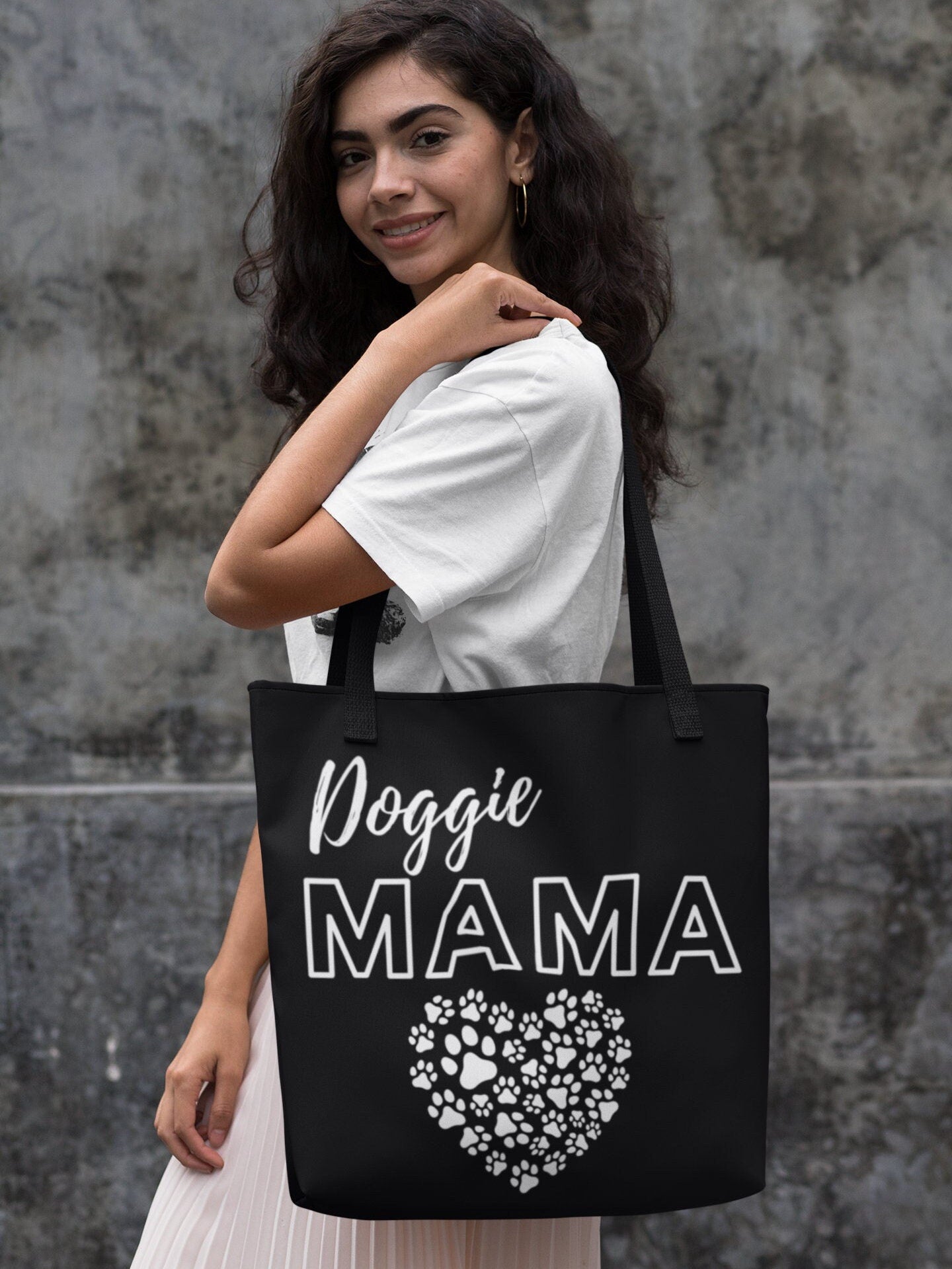 Doggie Mama Black Tote Bag - Cute and Fashionable Dog Mom Reusable Grocery Shopping and School Bag, Perfect gift for Moms, Dads, Pet Owners