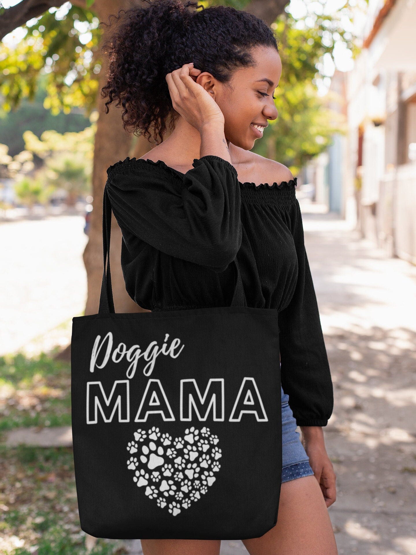 Doggie Mama Black Tote Bag - Cute and Fashionable Dog Mom Reusable Grocery Shopping and School Bag, Perfect gift for Moms, Dads, Pet Owners