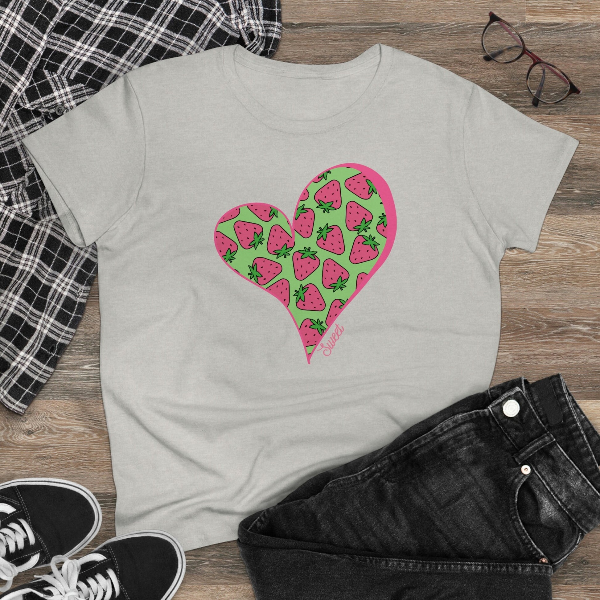 Strawberry Shirt for Women, Strawberries on Crew Neck Tee Shirt, Summer Garden Top, Clothing for Woman