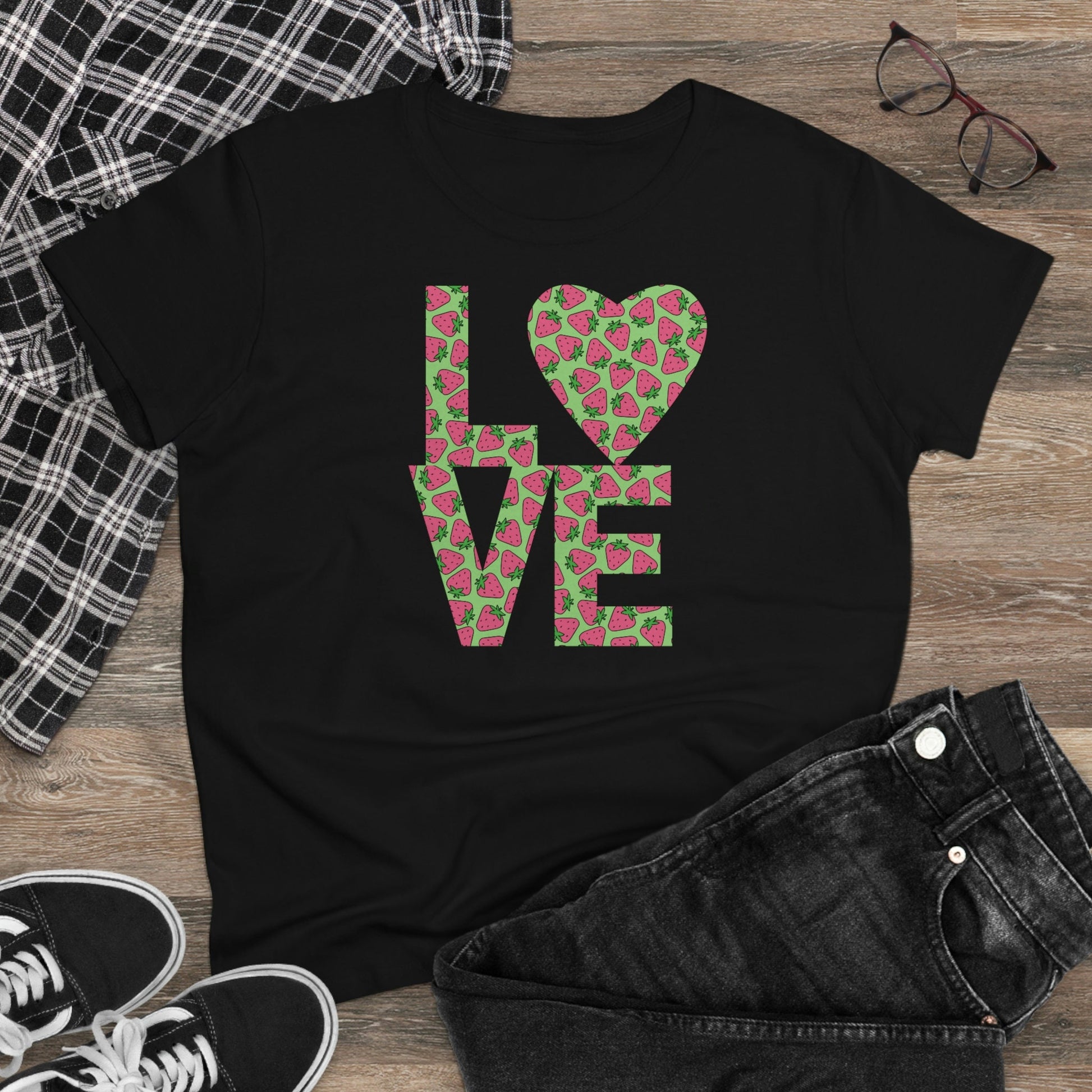 Strawberry Love Shirt for Women, Strawberries on Crewneck Tee Shirt, Summer Garden Top, Colorful Clothing for Women Perfect Gift for Her