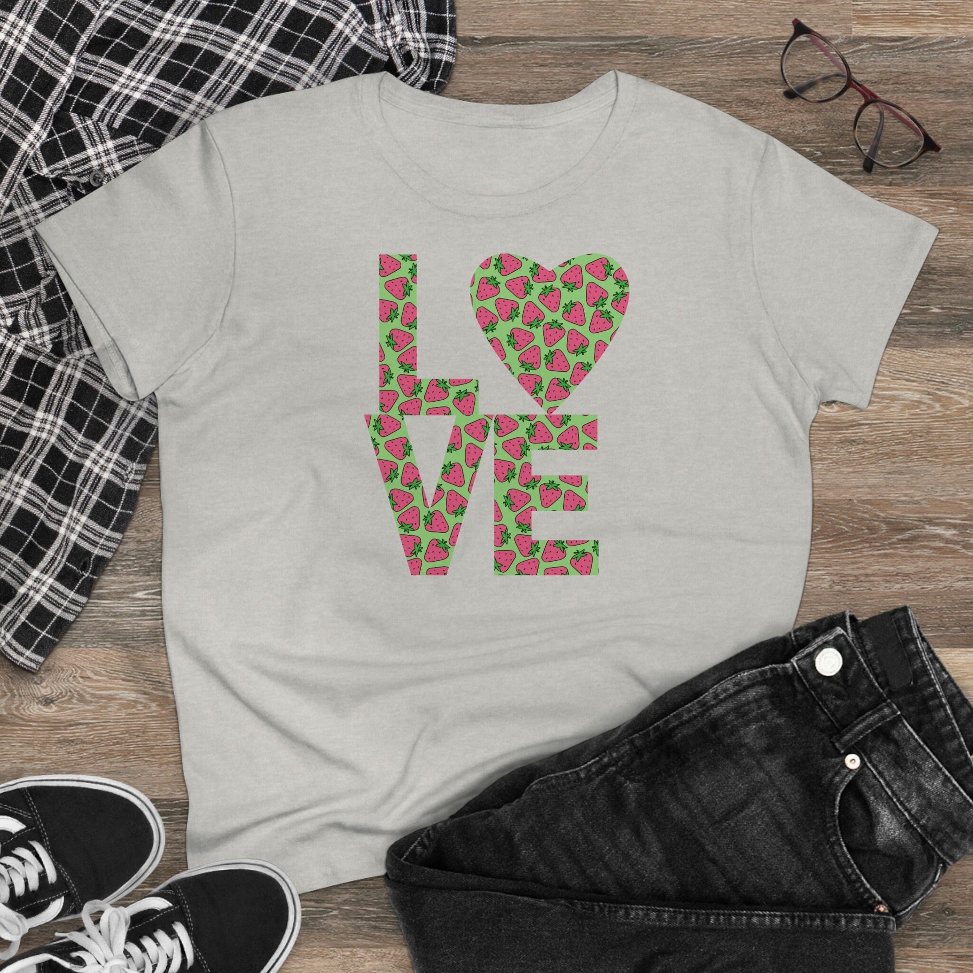 Strawberry Love Shirt for Women, Strawberries on Crewneck Tee Shirt, Summer Garden Top, Colorful Clothing for Women Perfect Gift for Her