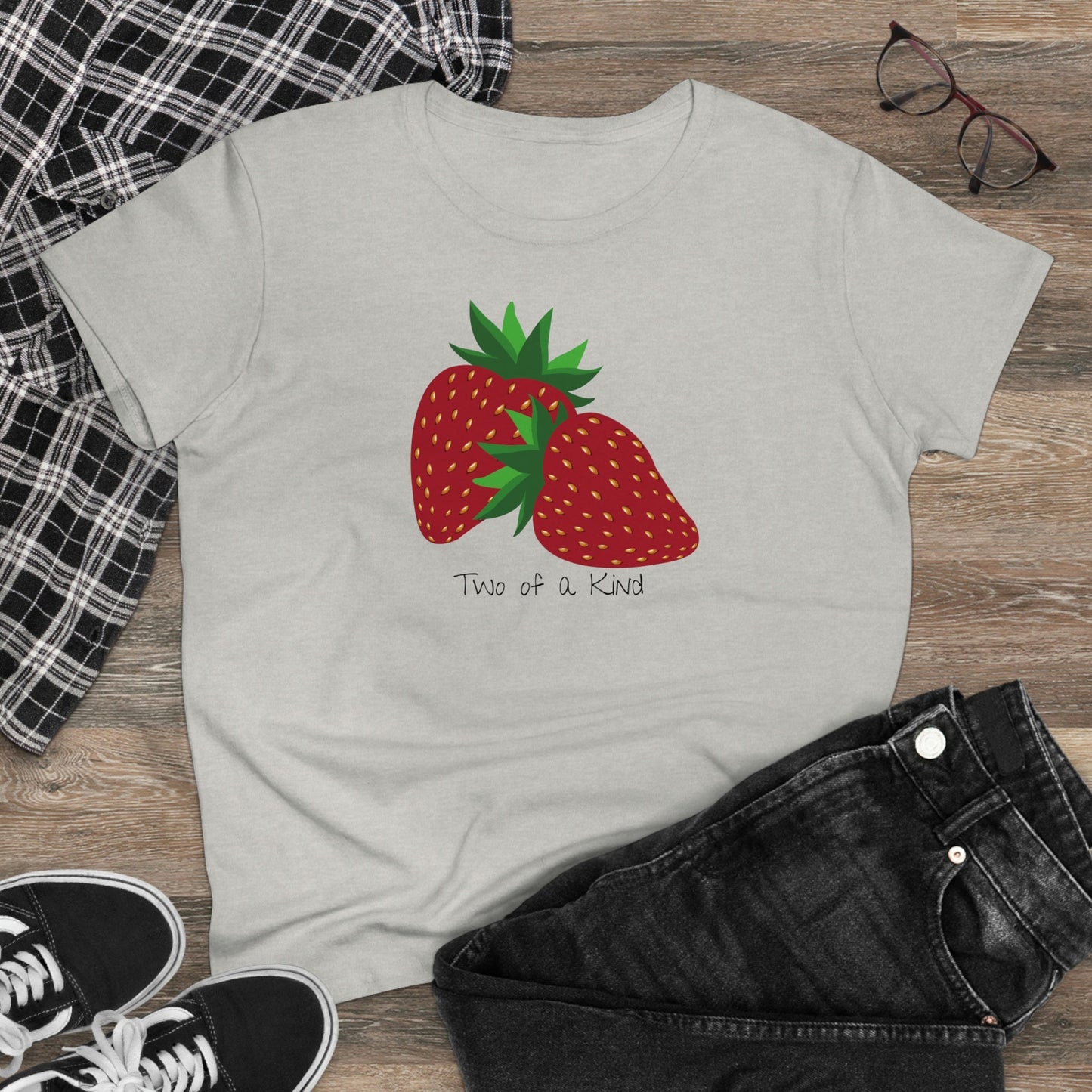 Two of a Kind Strawberry Shirt for Women, Strawberries on Crewneck Tee Shirt, Summer Garden Top, Colorful Clothing for Women