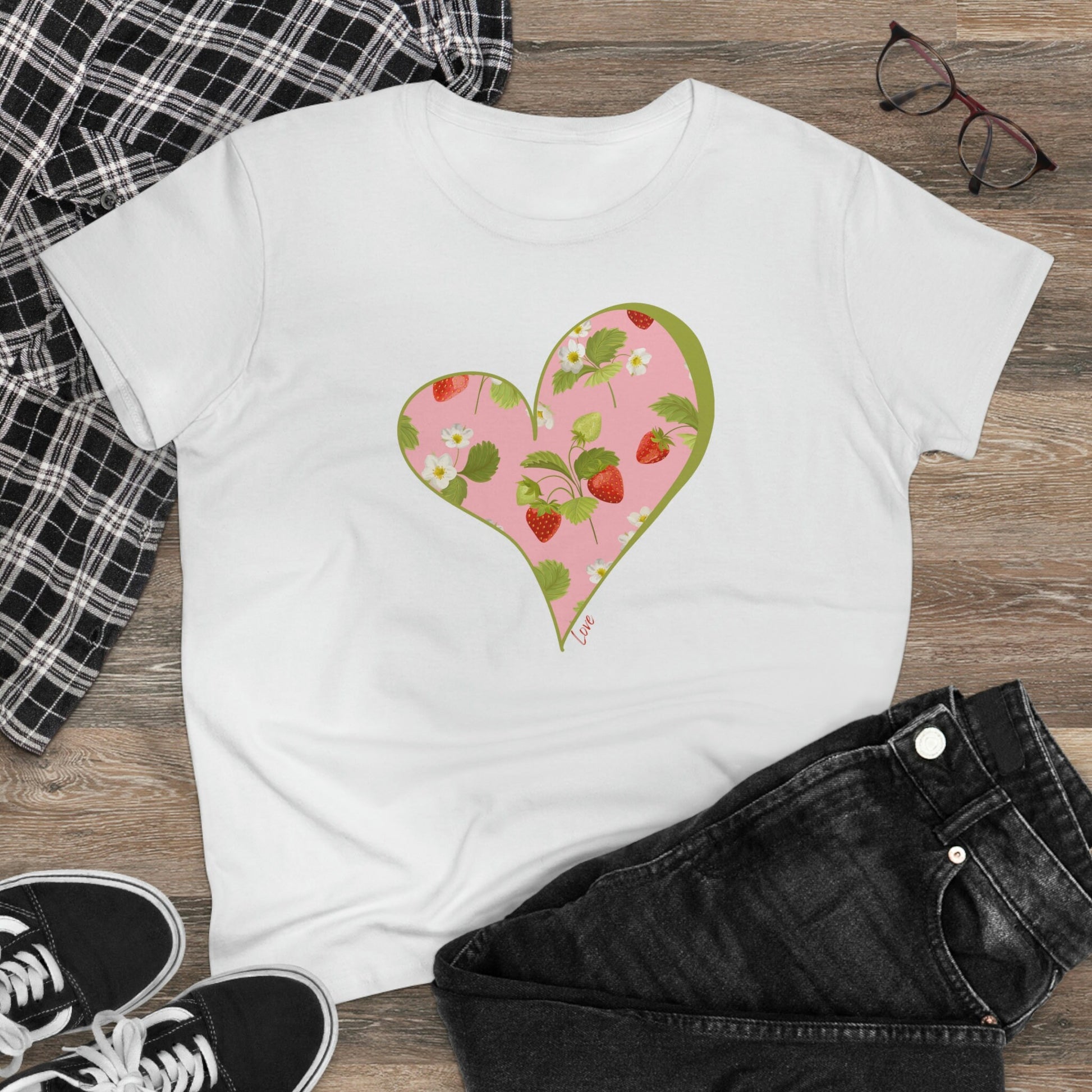 Pink Heart with Strawberries Shirt for Women, Strawberry Crewneck Tee Shirt, Summer Garden Top, Colorful Women Clothing, Mothers Day Gift