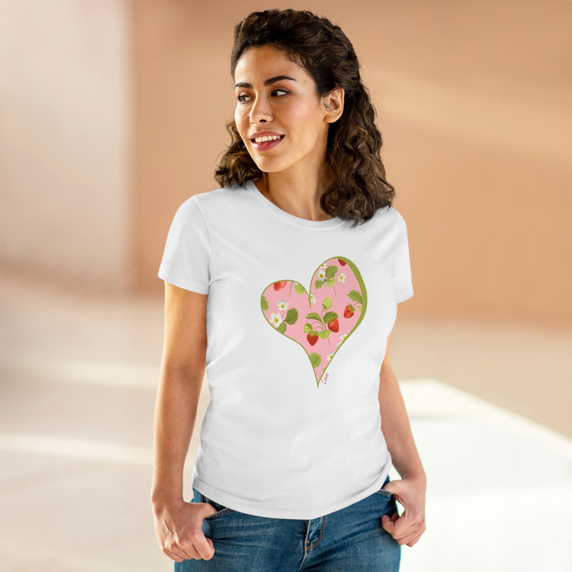 Pink Heart with Strawberries Shirt for Women, Strawberry Crewneck Tee Shirt, Summer Garden Top, Colorful Women Clothing, Mothers Day Gift