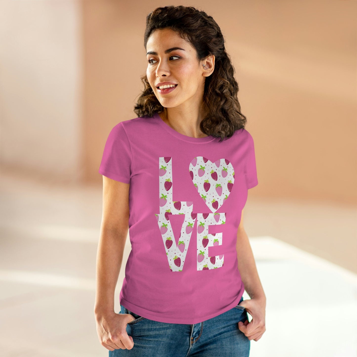 Pink and Purple Strawberry Love Shirt for Women, Strawberries on Crewneck Tee Shirt, Summer Garden Top, Colorful Clothing for Women