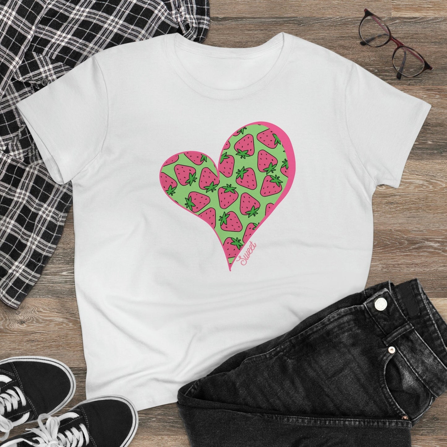 Strawberry Shirt for Women, Strawberries on Crew Neck Tee Shirt, Summer Garden Top, Clothing for Woman