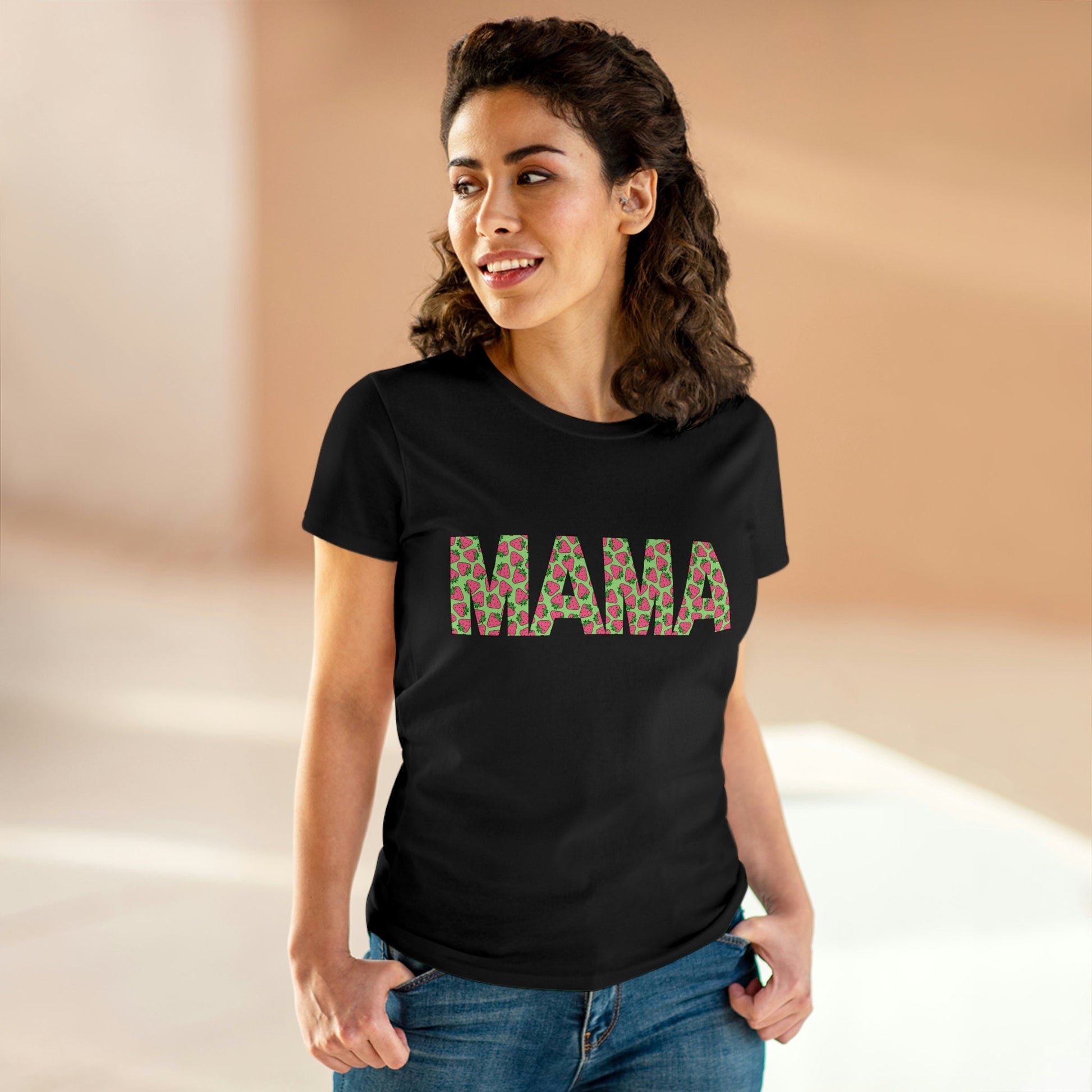 Mama Strawberry Shirt for Women, Strawberries on Crewneck Tee Shirt, Summer Garden Top for Mom, Colorful Clothing for Women