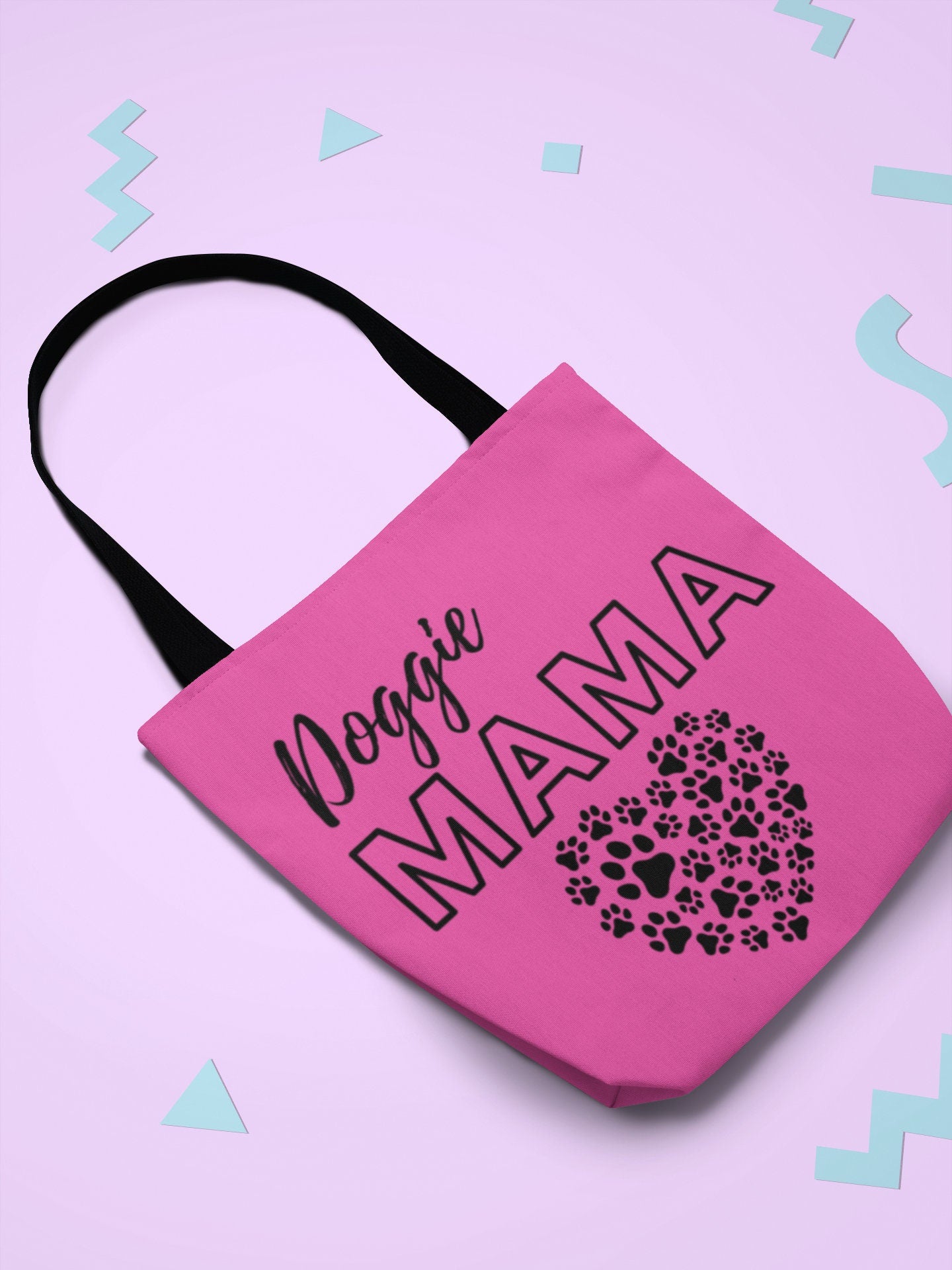 Pink Doggie Mama Tote Bag - Cute and Fashionable Dog Mom Reusable Grocery Shopping and School Bag, Perfect gift for Moms, Dads, Pet Owners