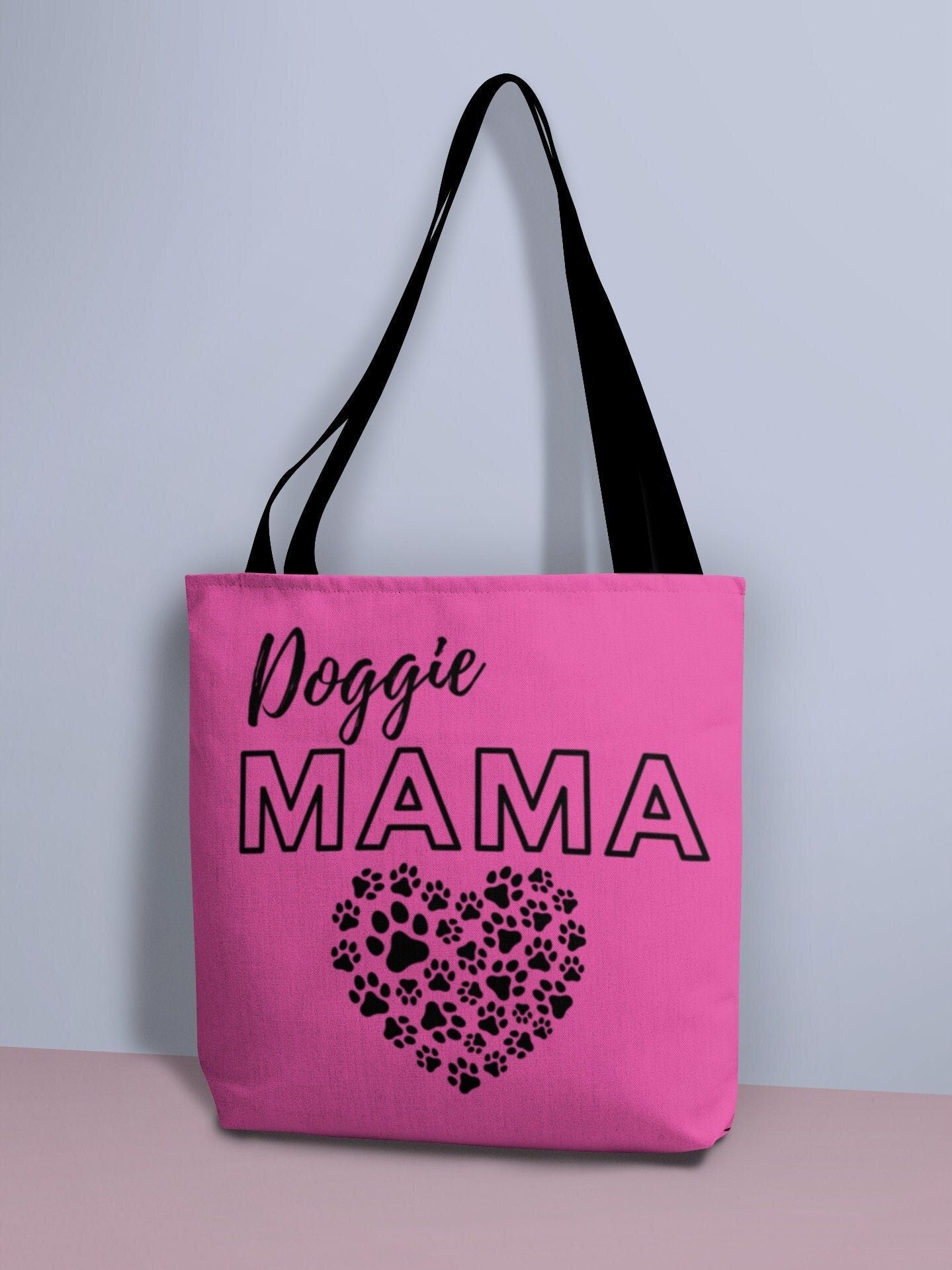 Pink Doggie Mama Tote Bag - Cute and Fashionable Dog Mom Reusable Grocery Shopping and School Bag, Perfect gift for Moms, Dads, Pet Owners