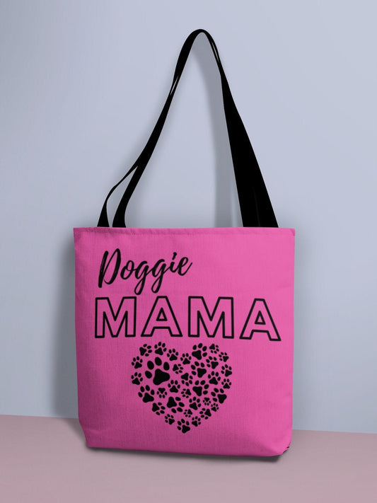 Pink Doggie Mama Tote Bag - Cute and Fashionable Dog Mom Reusable Grocery Shopping and School Bag, Perfect gift for Moms, Dads, Pet Owners
