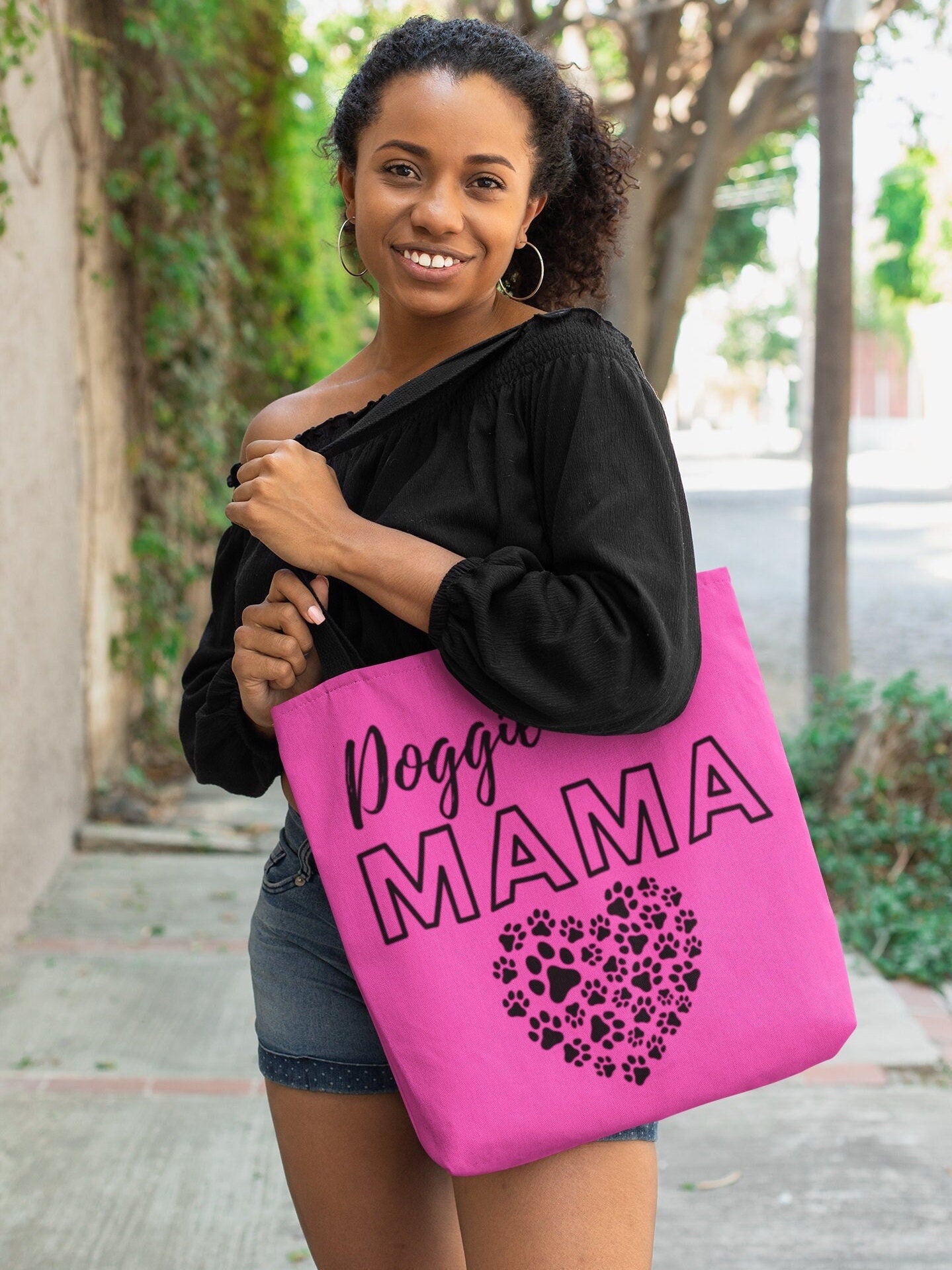 Pink Doggie Mama Tote Bag - Cute and Fashionable Dog Mom Reusable Grocery Shopping and School Bag, Perfect gift for Moms, Dads, Pet Owners