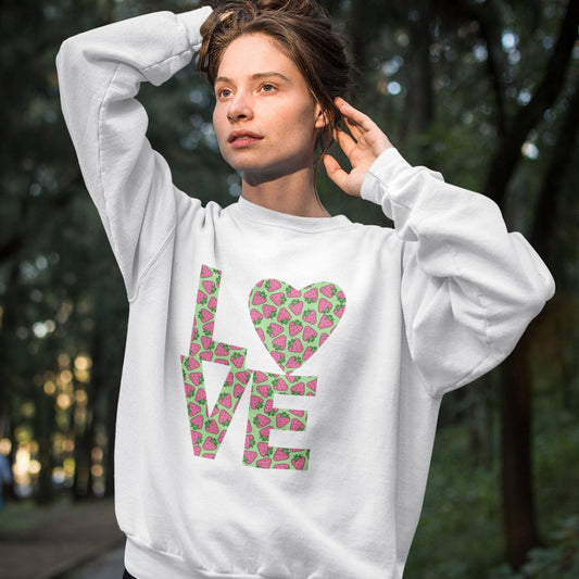 Bold Love Filled Strawberry Sweatshirt for Women, Colorful Strawberries on Crew Neck Tee Sweater, Summer Garden Pullover a Gift for Her