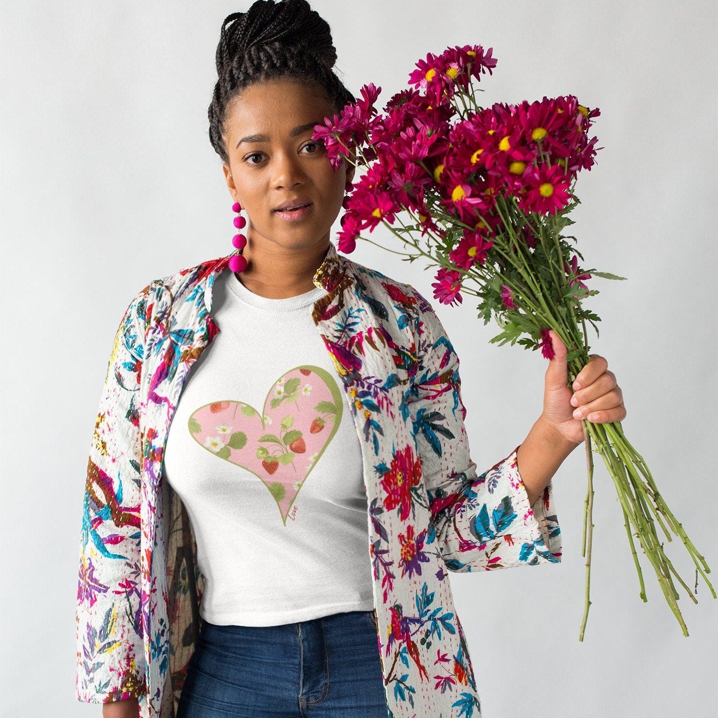 Pink Heart with Strawberries Shirt for Women, Strawberry Crewneck Tee Shirt, Summer Garden Top, Colorful Women Clothing, Mothers Day Gift