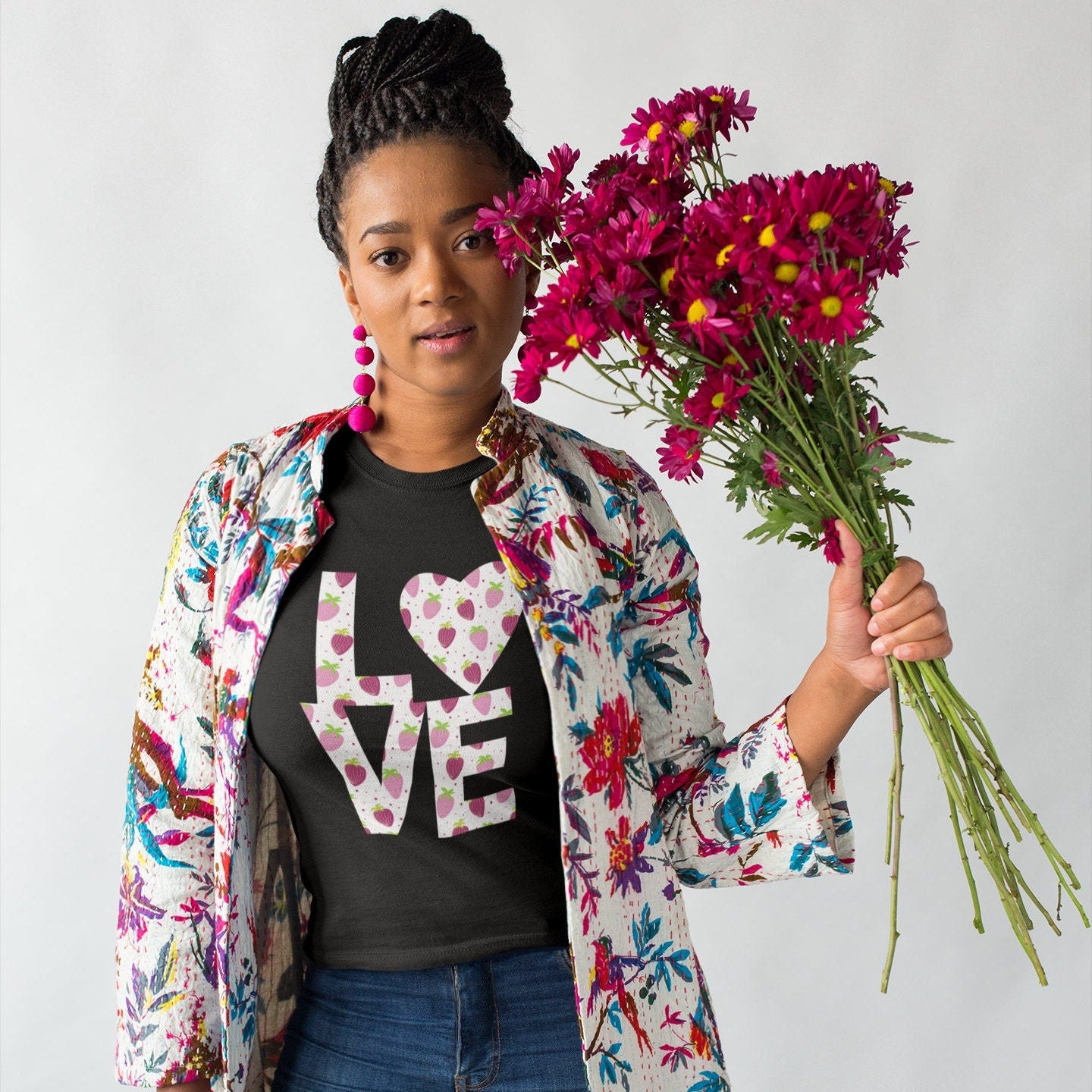 Pink and Purple Strawberry Love Shirt for Women, Strawberries on Crewneck Tee Shirt, Summer Garden Top, Colorful Clothing for Women