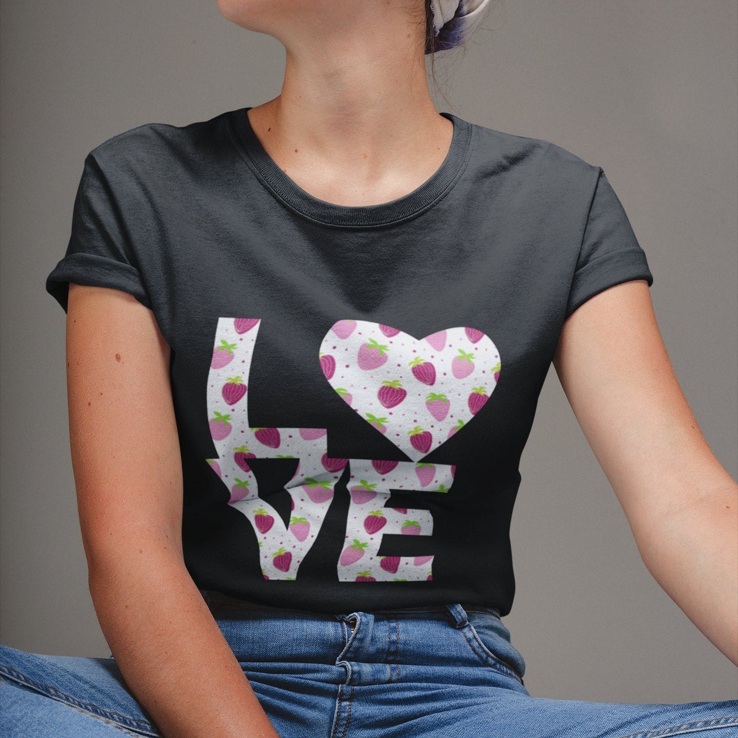 Pink and Purple Strawberry Love Shirt for Women, Strawberries on Crewneck Tee Shirt, Summer Garden Top, Colorful Clothing for Women