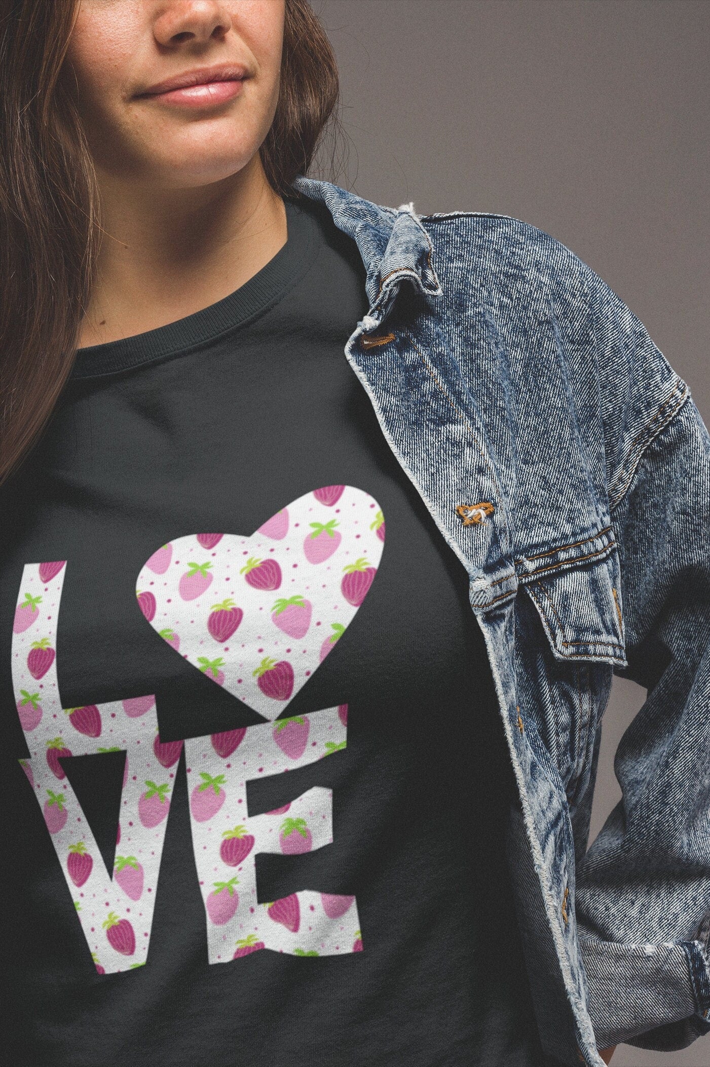 Pink and Purple Strawberry Love Shirt for Women, Strawberries on Crewneck Tee Shirt, Summer Garden Top, Colorful Clothing for Women