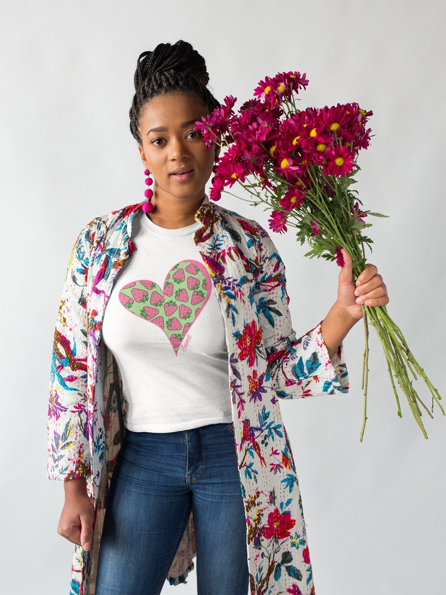 Strawberry Shirt for Women, Strawberries on Crew Neck Tee Shirt, Summer Garden Top, Clothing for Woman