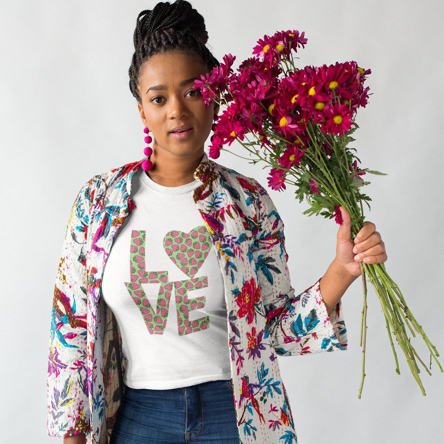 Strawberry Love Shirt for Women, Strawberries on Crewneck Tee Shirt, Summer Garden Top, Colorful Clothing for Women Perfect Gift for Her