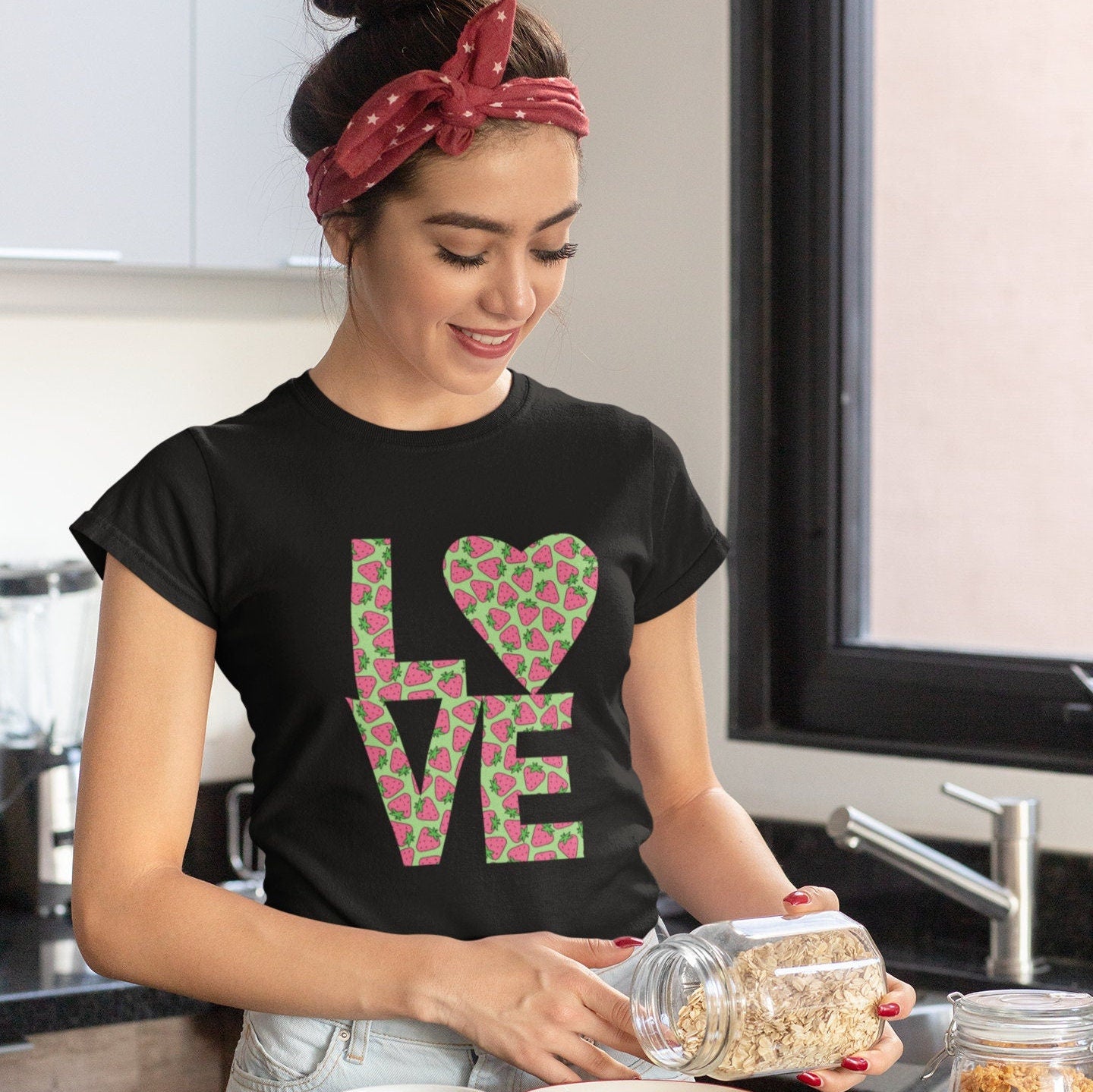 Strawberry Love Shirt for Women, Strawberries on Crewneck Tee Shirt, Summer Garden Top, Colorful Clothing for Women Perfect Gift for Her