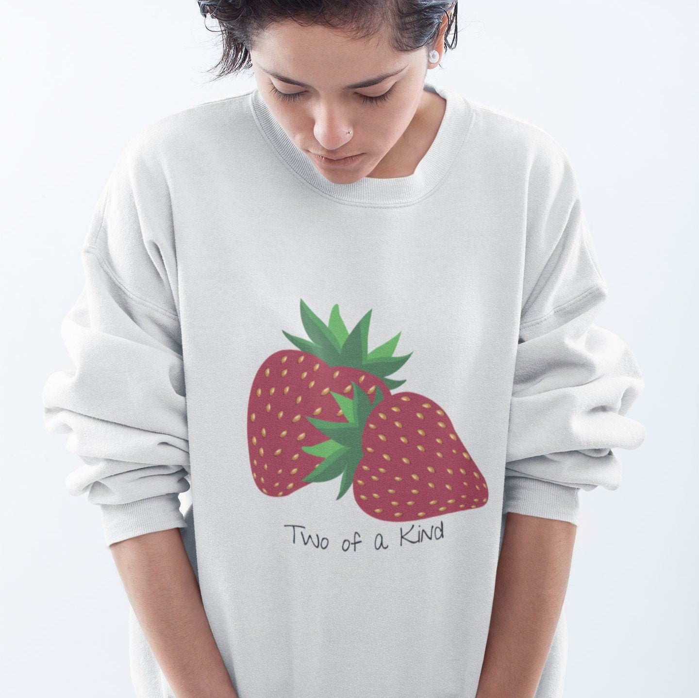 Two of a Kind Strawberry Sweatshirt for Women, Strawberries on Crewneck Sweater, Summer Garden Pullover, Colorful Clothing for Women
