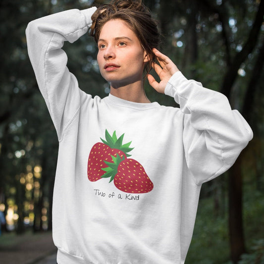 Two of a Kind Strawberry Sweatshirt for Women, Strawberries on Crewneck Sweater, Summer Garden Pullover, Colorful Clothing for Women
