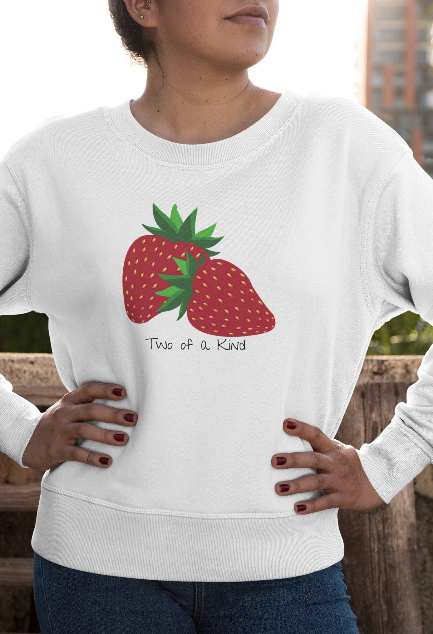 Two of a Kind Strawberry Sweatshirt for Women, Strawberries on Crewneck Sweater, Summer Garden Pullover, Colorful Clothing for Women